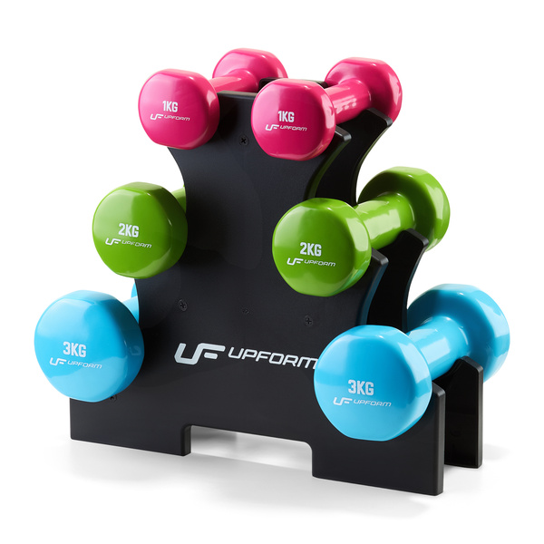 Set d’haltères fitness en vinyle 12 kg avec support – UpForm